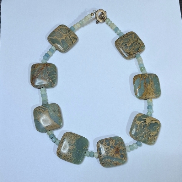 Jewelry - Teal Beaded Square Stone Marble Style Statement Costume Jewelry Necklace